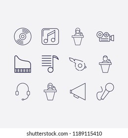 Outline 12 sound icon set. cd, speaker human, piano, megaphone, microphone, melody list, music player, headphone, whistle and video camera vector illustration