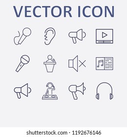 Outline 12 sound icon set. megaphone, sound off, dj, microphone, headphone and ear vector illustration