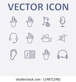 Outline 12 sound icon set. video camera, ear, sound off, user setting, headphone and speaker human vector illustration