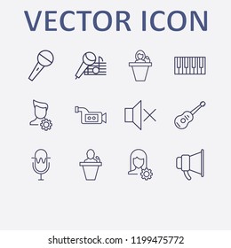Outline 12 sound icon set. microphone, karaoke, speaker human, piano keyboard, guitar and megaphone vector illustration
