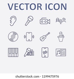 Outline 12 sound icon set. video camera, phone vibrate, microphone, karaoke, piano keyboard and speaker human vector illustration