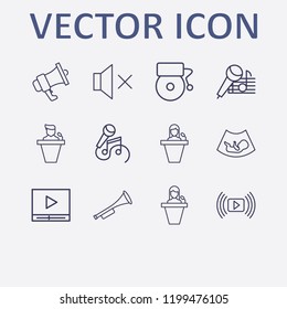 Outline 12 sound icon set. trumpet, school bell, sound off, karaoke, media player and speaker human vector illustration