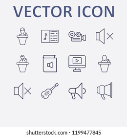 Outline 12 sound icon set. sound off, monitor with media player, guitar, book sound, melody notebook and megaphone vector illustration