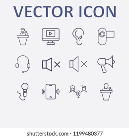 Outline 12 sound icon set. sound off, headphone, megaphone, speaker human, audio conference and video camera vector illustration