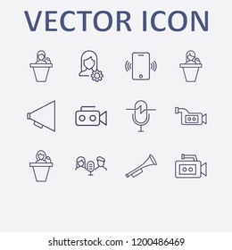 Outline 12 sound icon set. user setting, phone vibrate, microphone, speaker human, megaphone and video camera vector illustration