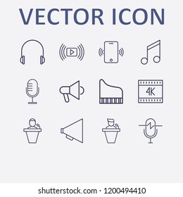 Outline 12 sound icon set. megaphone, melody, piano, microphone, headphone and speaker human vector illustration