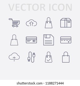 Outline 12 store icon set. cloud upload, upload cloud, credit card, shopping bag, shopping cart, diskette, shopping bag check, box and usb vector illustration