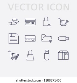 Outline 12 store icon set. box, shopping bag, add folder, credit card, diskette, hand in usb, shopping bag remove, usb, shopping cart and add to shopping cart vector illustration