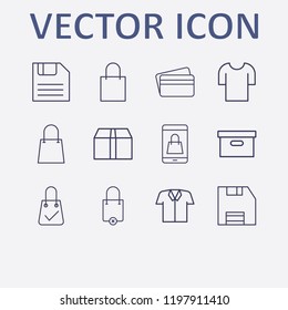 Outline 12 store icon set. shopping bag, credit card, shopping bag remove, shirt, box and diskette vector illustration