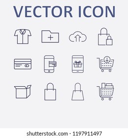 Outline 12 store icon set. cloud upload, shirt, shopping cart, credit card, box and smartphone payment vector illustration