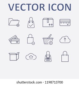 Outline 12 store icon set. cloud upload, add to basket, shopping bag check, add folder, box and shopping bag remove vector illustration
