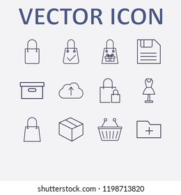 Outline 12 store icon set. shopping basket, shopping bag check, cloud upload, shopping bag, mannequin and diskette vector illustration