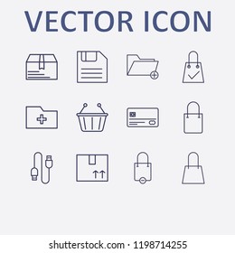 Outline 12 store icon set. usb, shopping bag check, add folder, diskette, shopping basket and shopping bag remove vector illustration