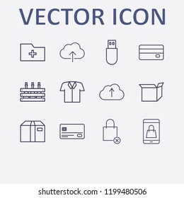 Outline 12 store icon set. box, shopping bag remove, shirt, credit card, mobile shopping and usb vector illustration