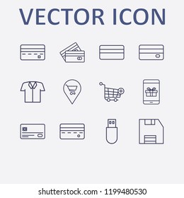 Outline 12 store icon set. usb, diskette, shopping location, credit card, add to shopping cart and gift in phone vector illustration