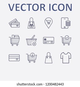 Outline 12 store icon set. shopping bag, t shirt, shopping cart, shopping location, check shopping cart and online payment vector illustration