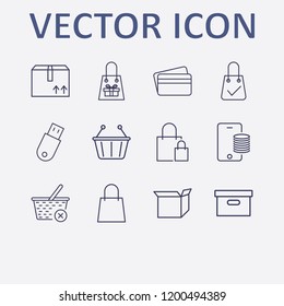 Outline 12 store icon set. credit card, online payment, usb, box, close basket and shopping bag vector illustration