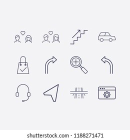 Outline 12 street icon set. lovers, turn right arrow, turn left arrow, location arrow, shopping bag check, zoom, stairs up, car, browser setting, headphone and overpass vector illustration