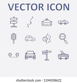 Outline 12 street icon set. road sign, trolleybus, police car, signpost, traffic light and distance map vector illustration