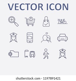 Outline 12 street icon set. police, shopping bag check, folder setting, car, remove from cart and bike vector illustration