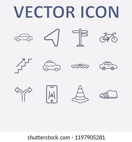 Outline 12 street icon set. three way direction arrow, car, car crash, location arrow, road traffic and smartphone map vector illustration