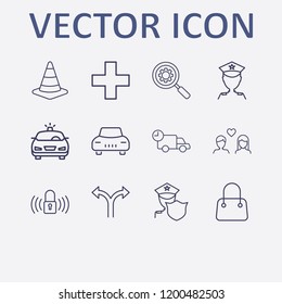 Outline 12 street icon set. police, lock signal, women bag, plus, search setting and three way direction arrow vector illustration