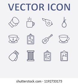 Outline 12 string icon set. guitar, whistle, thread, clipboard with tactic, suicide rope and boxing glove vector illustration