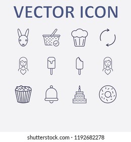 Outline 12 sweet icon set. popcorn, refresh, birthday cake, rabbit, donut and woman in love vector illustration