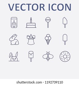 Outline 12 sweet icon set. donut, ice cream, smartphone with birthday cake, birthday cake, rabbit and lollipop vector illustration