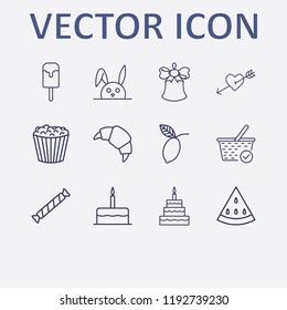 Outline 12 sweet icon set. birthday cake, rabbit, popcorn, heart in arrow, croissant and ice cream vector illustration