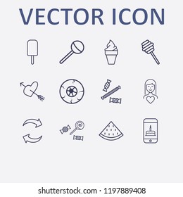 Outline 12 sweet icon set. refresh, candy, smartphone with birthday cake, watermelon, halloween eye and woman in love vector illustration