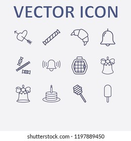 Outline 12 sweet icon set. croissant, bell, candy, ice cream, arrow in heart and birthday cake vector illustration