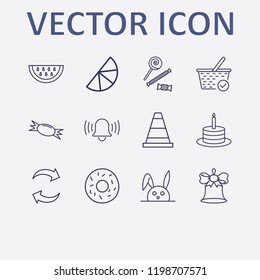 Outline 12 sweet icon set. candy, bell, lemon, watermelon, cone and birthday cake vector illustration