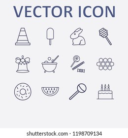 Outline 12 sweet icon set. cone, rabbit, watermelon, candy, cake and honeycomb vector illustration