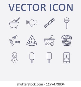 Outline 12 sweet icon set. watermelon, check basket, lollipop, candy, woman in love and caldron vector illustration