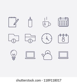 Outline 12 table icon set. lamp, calendar, clock, candle, laptop, teapot, information folder, notebook edit and tea vector illustration