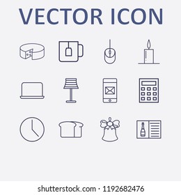 Outline 12 table icon set. candle, calculator, bell, bread, teacup and champagne menu vector illustration