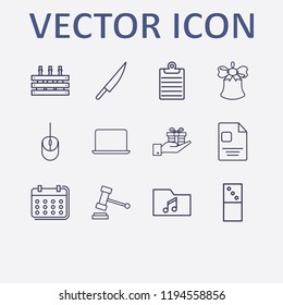 Outline 12 table icon set. calendar, music folder, laptop, knife, clipboard and wine box vector illustration