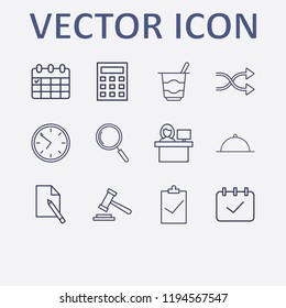 Outline 12 table icon set. gavel, calculator, calendar, clock, yogurt and reception vector illustration