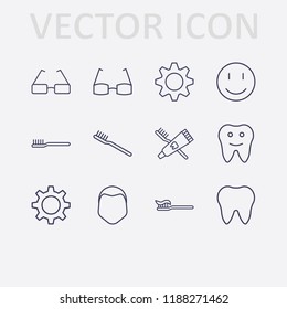 Outline 12 teeth icon set. toothbrush and toothpaste, human face, toothbrush, gear, tooth, smile and glasses vector illustration