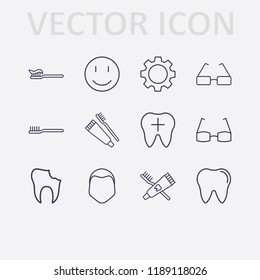 Outline 12 teeth icon set. broken tooth, toothbrush and toothpaste, smile, toothbrush, tooth, human face, glasses and gear vector illustration