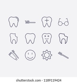 Outline 12 teeth icon set. broken tooth, toothbrush and toothpaste, gear, smile, toothbrush, glasses and tooth vector illustration