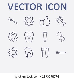 Outline 12 teeth icon set. tooth, thumb up, tooth paste, broken tooth, toothbrush and toothpaste and toothbrush vector illustration