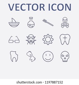Outline 12 teeth icon set. toothbrush, broken tooth, halloween vampire, tooth, smile and halloween tube vector illustration