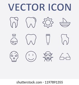 Outline 12 teeth icon set. glasses, halloween skeleton, tooth paste, smile, broken tooth and tooth vector illustration