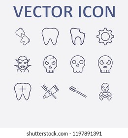 Outline 12 teeth icon set. halloween vampire, gear, toothbrush, tooth, toothbrush and toothpaste and halloween skeleton vector illustration