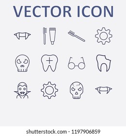Outline 12 teeth icon set. gear, halloween skeleton, toothbrush, halloween vampire, broken tooth and tooth vector illustration