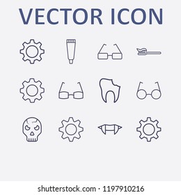 Outline 12 teeth icon set. halloween vampire teeth, glasses, gear, toothbrush, broken tooth and tooth paste vector illustration