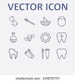 Outline 12 teeth icon set. shark, tooth, human face, toothbrush, gear and halloween skeleton vector illustration