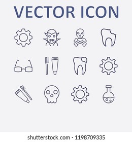 Outline 12 teeth icon set. glasses, broken tooth, toothbrush and toothpaste, halloween skeleton, halloween tube and halloween vampire vector illustration